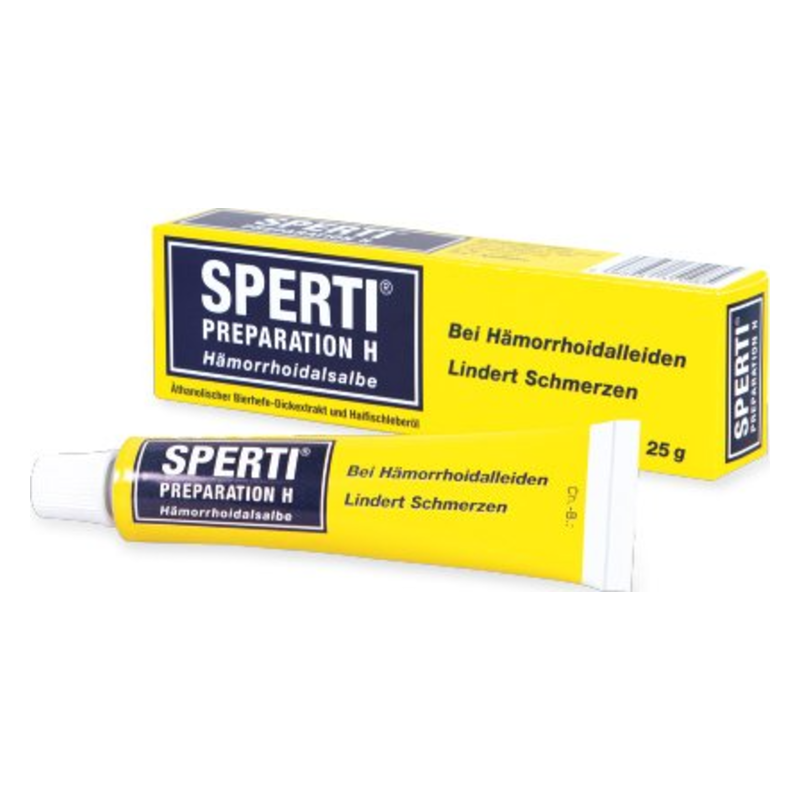 Tube mit Hämorrhoidalsalbe von Sperti in gelber Verpackung, beschriftet zur Schmerzlinderung bei Hämorrhoiden.