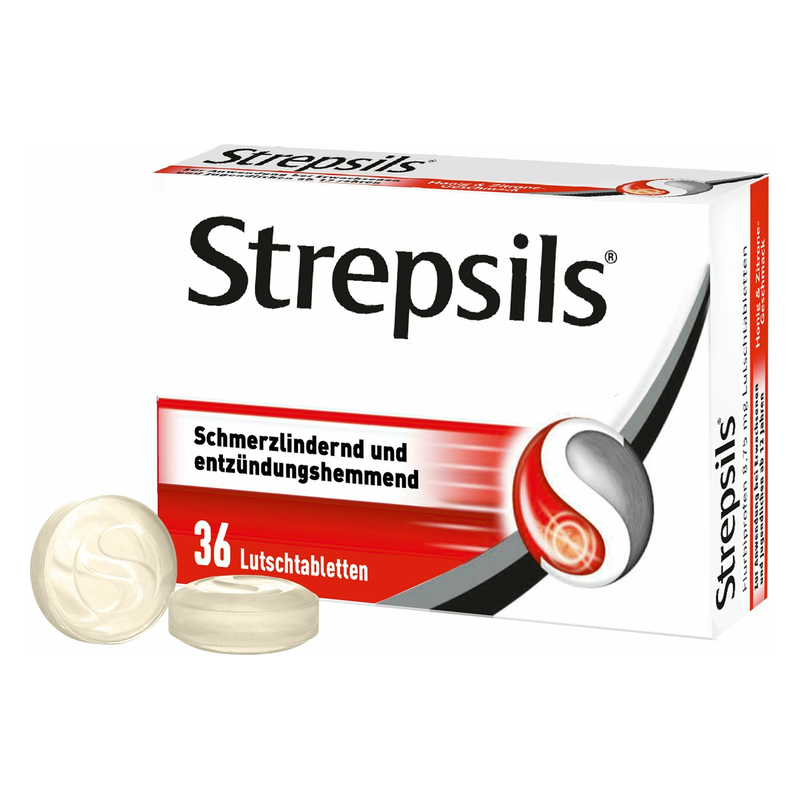 Verpackung von Strepsils Lutschtabletten in einer roten und weißen Box mit zwei sichtbaren Tabletten.