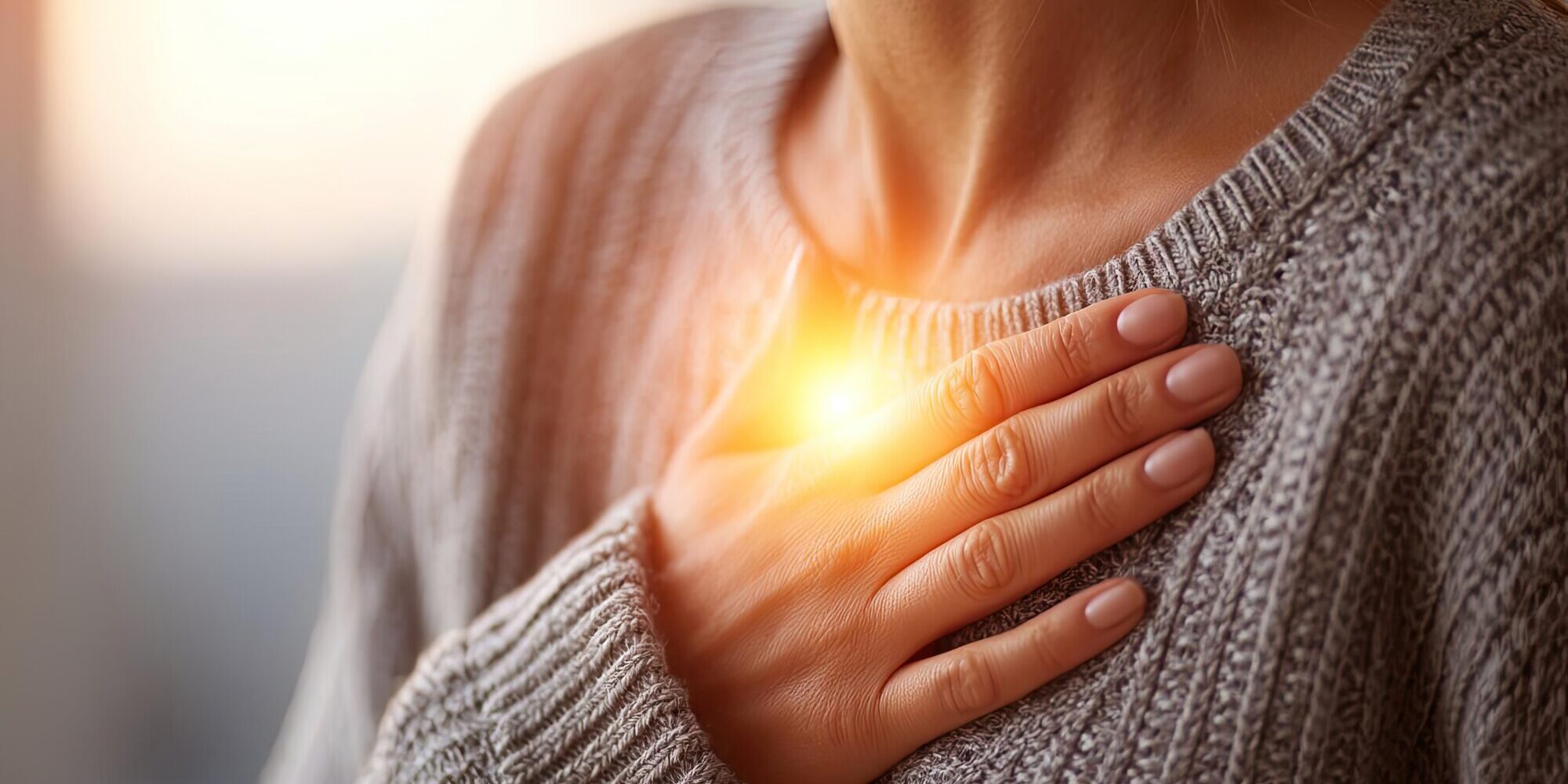 herzgesundheit.jpeg Eine Person in einem grauen Pullover legt die Hand auf ihr Herz, umgeben von warmem Licht.