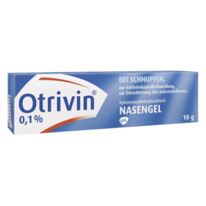 Verpackung von Otrivin Nasengel 10 g, mit Hinweisen zur Anwendung bei Schnupfen und Wirkstoff Xylometazolinhydrochlorid.