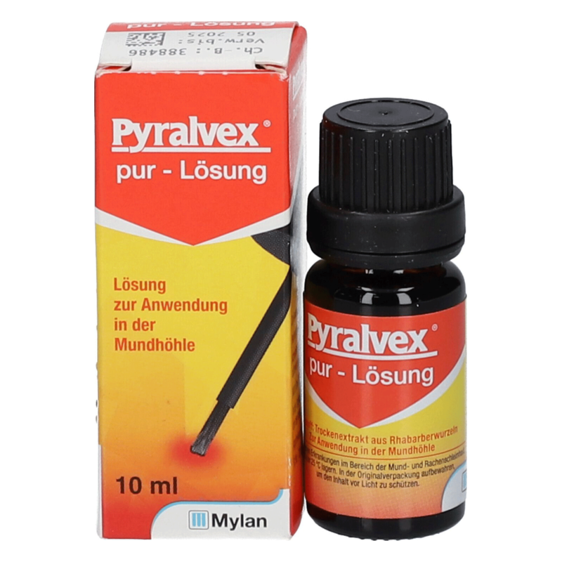 Pyralvex pur - Lösung in einer 10 ml Flasche mit schwarzer Kappe und Verpackung mit rotem und gelbem Design.