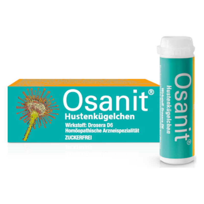 Packung und Röhrchen mit homöopathischen Hustenpellets Osanit, Wirkstoff Drosera D6, zuckerfrei.