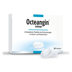 Packung mit Octeangin antisepitischen Pastillen für Entzündungen im Mund- und Rachenraum, mit zwei Pastillen sichtbar.