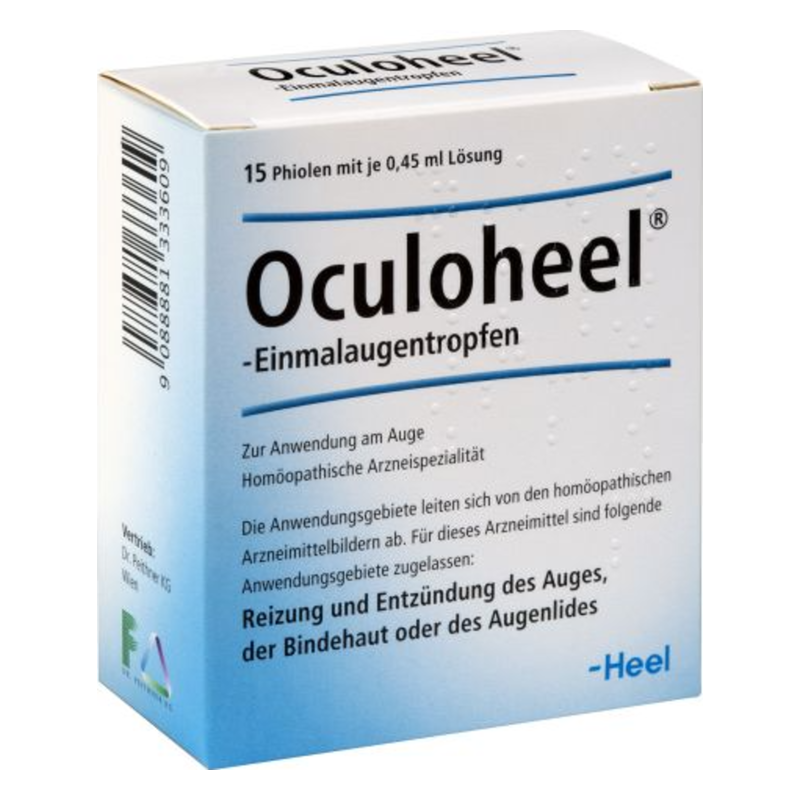 Verpackung von Oculoheel Einmaldosentropfen für die Anwendung am Auge, homöopathisches Arzneimittel, 15 Phialen.