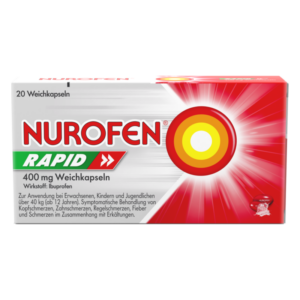 Packung Nurofen Rapid mit 20 Weichkapseln, enthält 400 mg Ibuprofen zur Schmerzbehandlung.