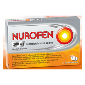 Verpackung von Nurofen Schmelztabletten Lemon, 200 mg Ibuprofen, mit Hinweisen zur Anwendung und Dosierung.