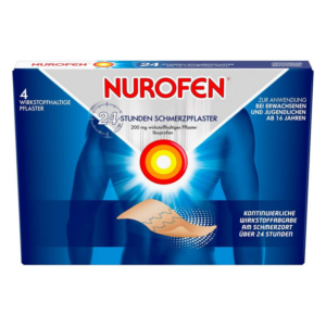 Packung mit Nurofen 24-Stunden Schmerzpflaster zur Linderung von Schmerzen bei Erwachsenen und Jugendlichen ab 16 Jahren.