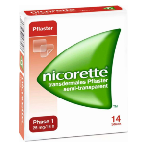 Packung mit Nicorette transdermalen Pflastern, semi-transparent, Phase 1, zur Rauchentwöhnung, mit grünem Logo.