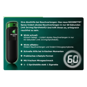 Nicorette Spray mit schwarzer Verpackung und grünem Deckel, bietet schnelle Hilfe gegen akutes Rauchverlangen in 60 Sekunden.