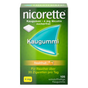Verpackung von Nicorette Kaugummi mit 4 mg Nikotin, Geschmacksrichtung Frischfrucht, zuckerfrei.