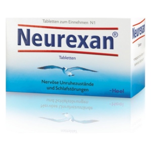 Verpackung der Neurexan Tabletten gegen nervöse Unruhezustände und Schlafstörungen, mit Abbildung einer Möwe.