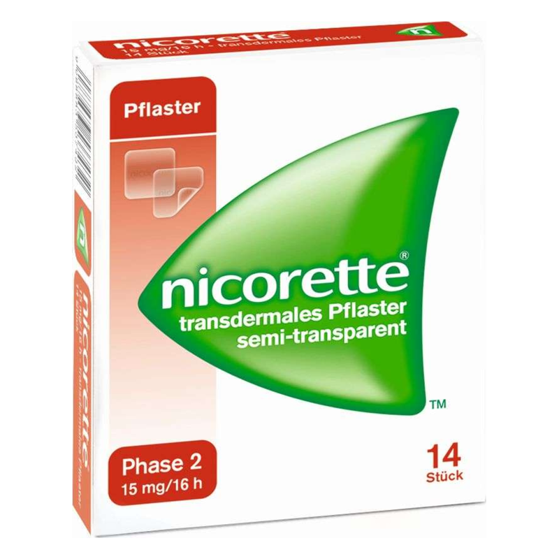 Nickorette transdermale Pflaster, semi-transparent, in einer Packung mit 14 Pflastern, für Phase 2, 15 mg/16 h.