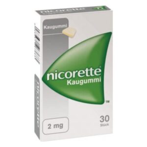 Verpackung von Nicorette Kaugummi mit 2 mg Nikotin, grünem Logo und Kaugummistück auf der Box.