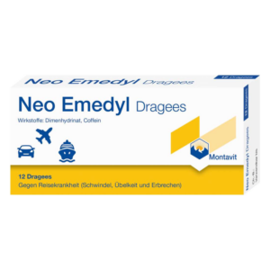 Verpackung von Neo Emadylyl Dragees gegen Reisekrankheit, enthält Dimenhydrinat und Coffein, in einer gelben Box.