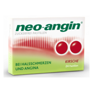 Verpackung von neo-angin zuckerfreien Pastillen mit Kirschgeschmack zur Linderung von Halsschmerzen.