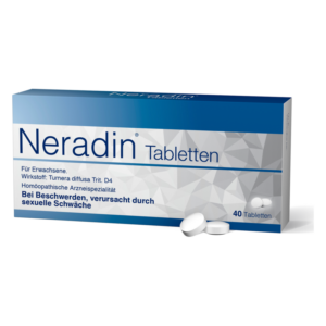 Packung mit Neradin Tabletten zur Behandlung sexueller Schwächen, enthält 40 homöopathische Tabletten.