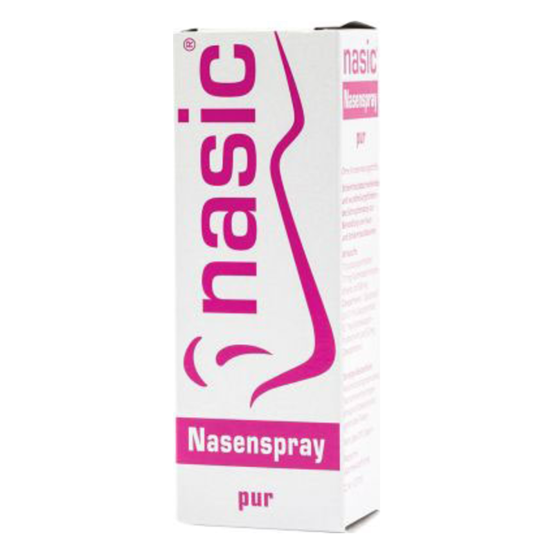 Verpackung eines Nasensprays mit rosa Logo und der Aufschrift "Nasic Nasenspray pur".