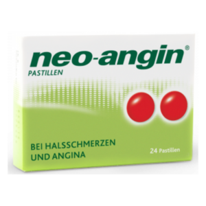 Verpackung von neo-angin Pastillen in Weiß-Grün mit roten Pastillen und der Aufschrift gegen Halsschmerzen.