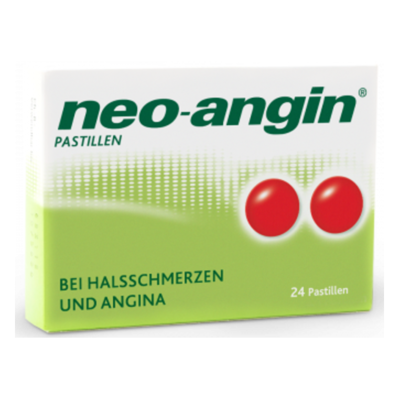 Verpackung von neo-angin Pastillen in Weiß-Grün mit roten Pastillen und der Aufschrift gegen Halsschmerzen.