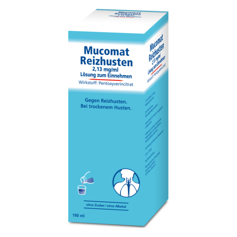 Verpackung von Mucomat Reizhusten, einer Lösung gegen Reizhusten, mit grafischen Darstellungen und Dosierungsinformationen.
