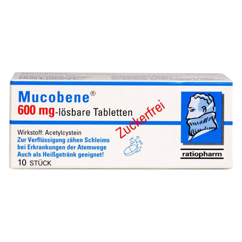 Verpackung von Mucobene 600 mg-lösbaren Tabletten mit dem Wirkstoff Acetylcystein, zuckerfrei, für Atemwegserkrankungen.