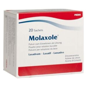 Verpackung von Molaxole, einem Laxativum in Pulverform mit Zitronenaroma, in einer Box mit 20 Portionssäckchen.
