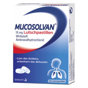 Verpackung von MUCOSOLVAN Lutschtabletten mit 15 mg Ambroxolhydrochlorid zur Schleimlösung und Erleichterung des Abhostens.