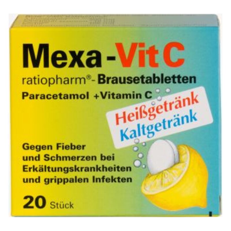 Verpackung der Mexa-Vit C Brausetabletten mit Zitronenmotiv, gegen Fieber und Erkältungen, enthält Paracetamol und Vitamin C.