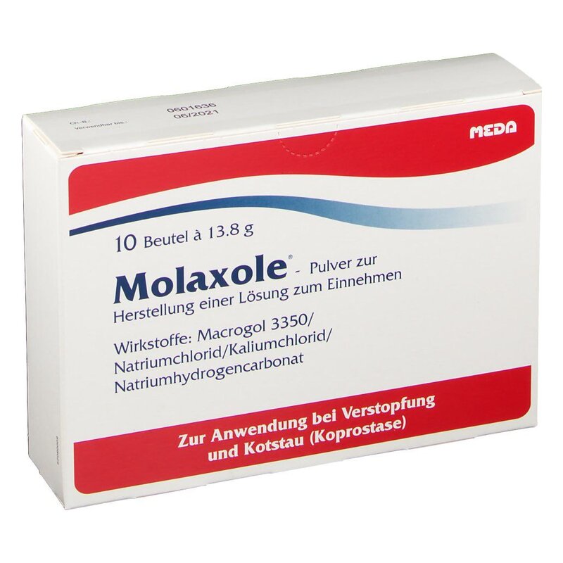 Verpackung von Molaxole, Pulver zur Herstellung einer Lösung gegen Verstopfung, 10 Beutel à 13,8 g.
