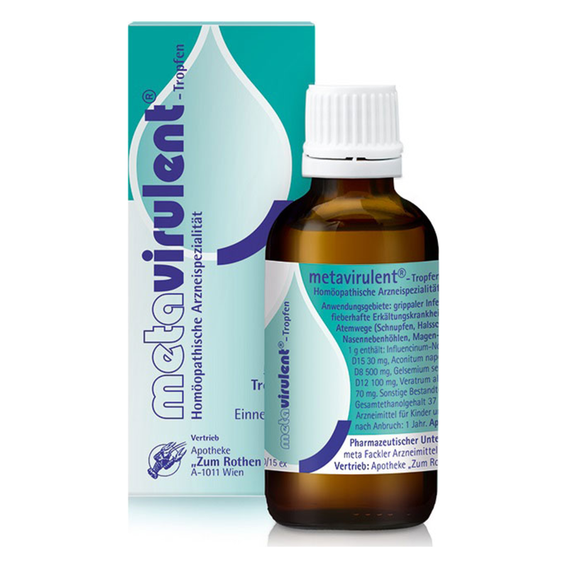 Braune Tropfflasche mit weissem Deckel neben einer blauen Verpackung, etikettiert mit 'metavirulent®' und Anwendungsgebieten.