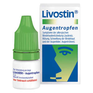 Livostin Augentropfen in einer weißen Flasche mit grünem Tropfer, verpackt in einer Kartonschachtel mit Anwendungshinweisen.