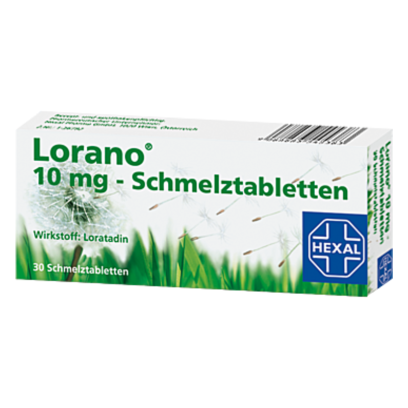 Schachtel mit Lorano 10 mg Schmelztabletten, Wirkstoff Loratadin, Design mit Löwenzahn und grüner Wiese.