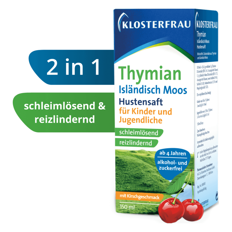 Verpackung eines Hustensafts mit Kirschgeschmack für Kinder, angezeigt mit den Eigenschaften schleimlösend und reizlindernd.