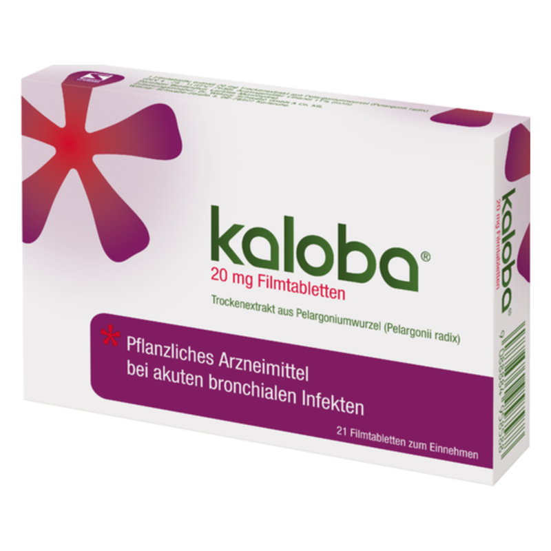 Verpackung von Kaloba Filmtabletten mit 20 mg Trockenextrakt aus Pelargoniumwurzel, zur Behandlung von Bronchialinfektionen.