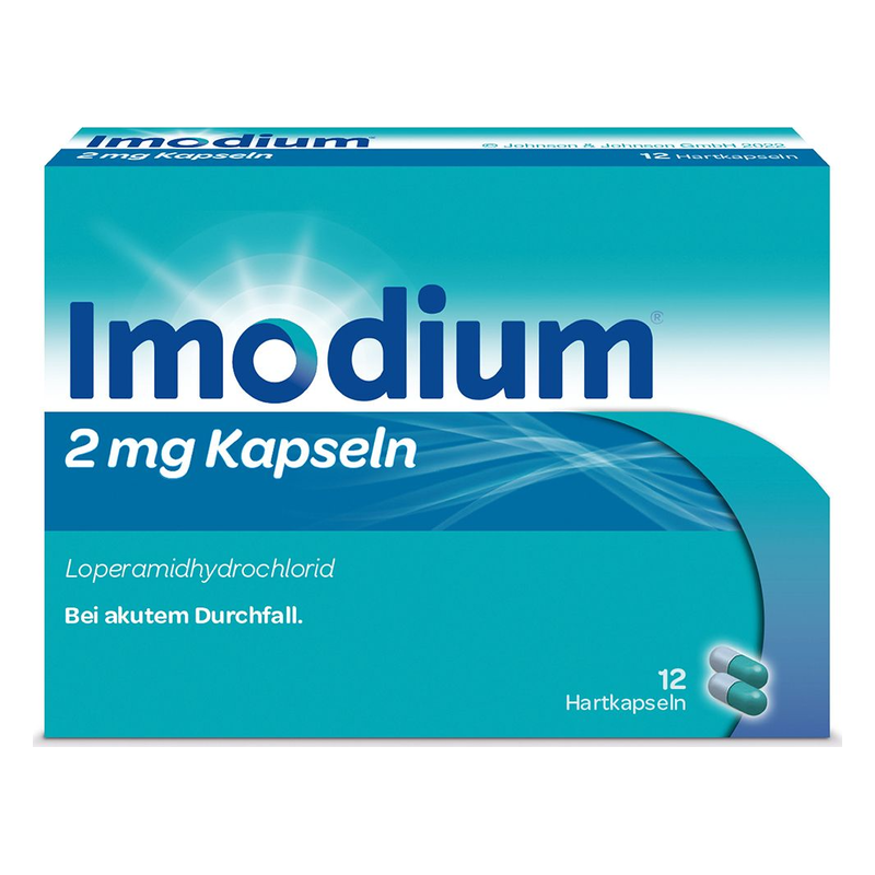 Verpackung von Imodium Kapseln, 2 mg, zur Behandlung von akutem Durchfall, mit blauer und grüner Gestaltung.