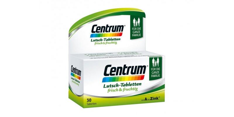 Verpackung von Centrum Lutsch-Tabletten mit fruchtigem Geschmack, geeignet für die ganze Familie.