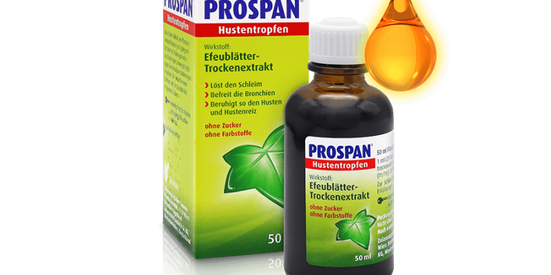 Prospan Hustentropfen in einer 50 ml Braunglasflasche mit grüner Verpackung und einem Tropfen, der aus der Flasche fällt.