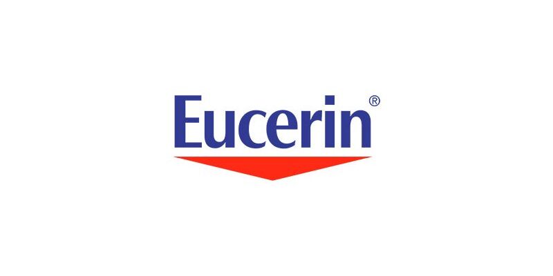 Logo von Eucerin in Blau und Rot mit einem markanten Winkel unter dem Schriftzug.