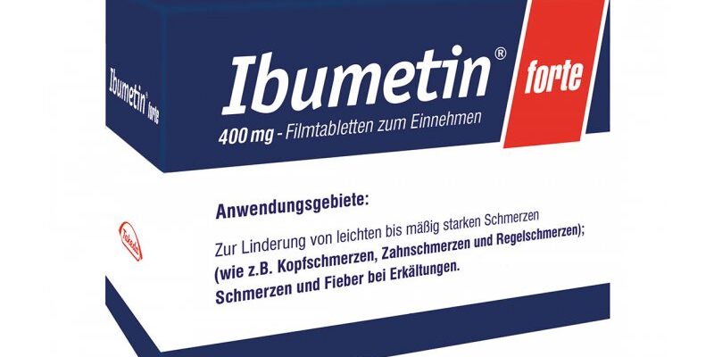 Ibumetin_400mg.jpg Verpackung mit Ibuprofen 400 mg in Filmtabletten, Anwendung: Linderung von leichten bis mäßig starken Schmerzen.