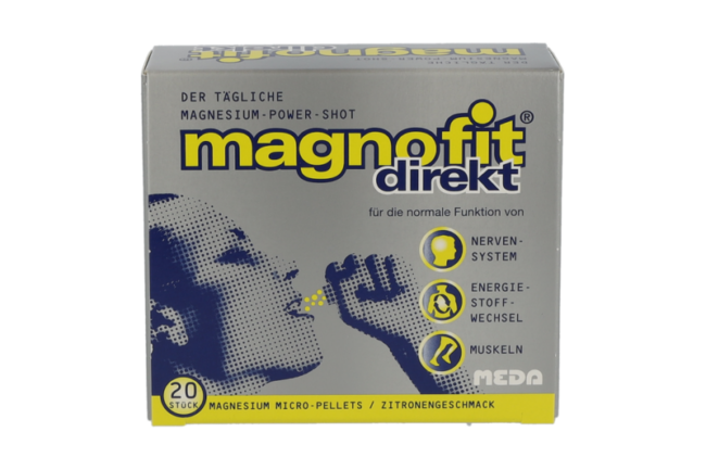 Verpackung von Magnofit direkt, Magnesium-Power-Shot in Zitronengeschmack, enthält Mikro-Pellets für Nervensystem und Energie.