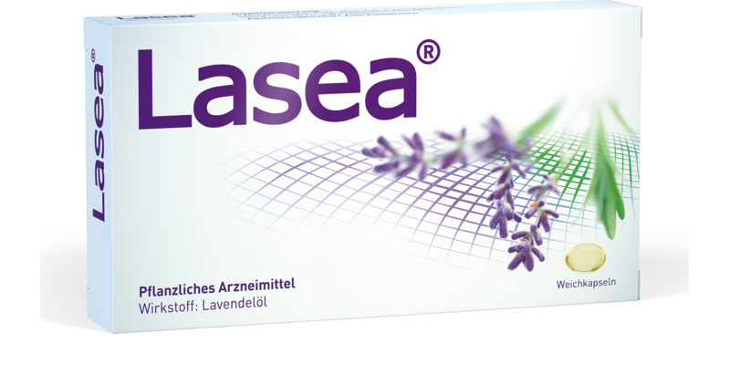 Lasea_2025.png Verpackung von Lasea, einem pflanzlichen Arzneimittel mit Lavendelöl. Weichkapseln in der Box.