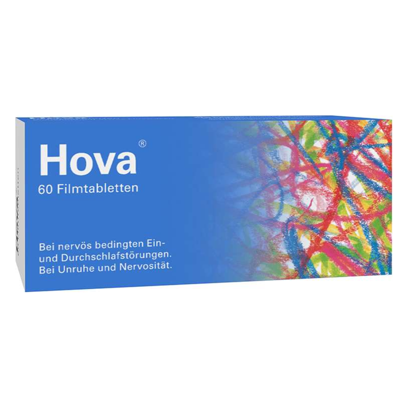 Packung Hova mit 60 Filmtabletten für nervöse Schlafstörungen und Unruhe, bunte grafische Gestaltung.