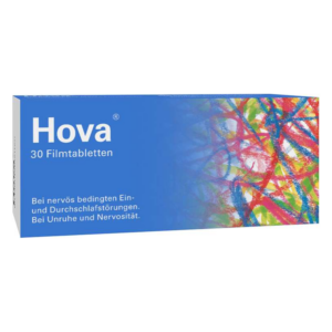 Verpackung von Hova, 30 Filmtabletten, mit bunter, abstrakter Grafik und Hinweisen zur Anwendung bei Nervosität und Schlafstörungen.