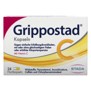 Verpackung von Grippostad Kapseln, die gegen Erkältungen mit Vitamin C und wichtigen Wirkstoffen wirkt.