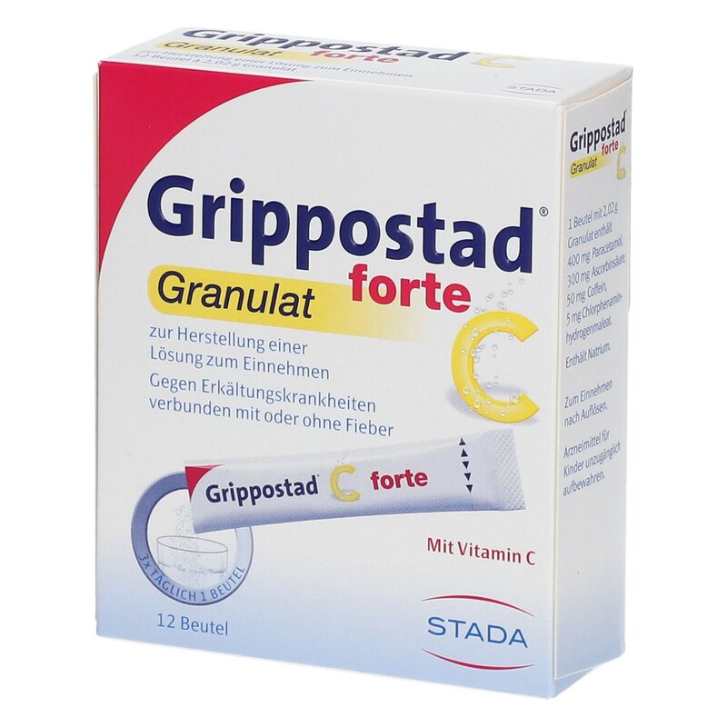 Verpackung von Grippostad forte Granulat zur Herstellung einer Lösung gegen Erkältungskrankheiten, enthält Vitamin C.