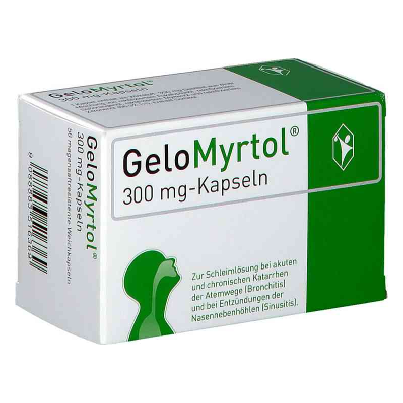 Packung mit GeloMyrtol 300 mg-Kapseln zur Behandlung von Atemwegserkrankungen und Entzündungen.