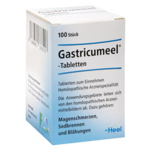 Verpackung von Gastricumel-Tabletten, einem homöopathischen Arzneimittel gegen Magenschmerzen und Blähungen.