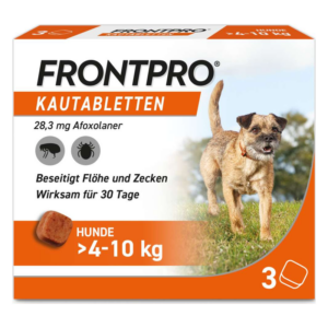 Verpackung von Frontpro Kautabletten für Hunde mit 28,3 mg Afoxolaner zur Bekämpfung von Flöhen und Zecken.