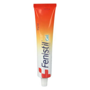 Röhre mit Fenistil Gel, orange-weißer Verpackung, zur Linderung von Hautirritationen.