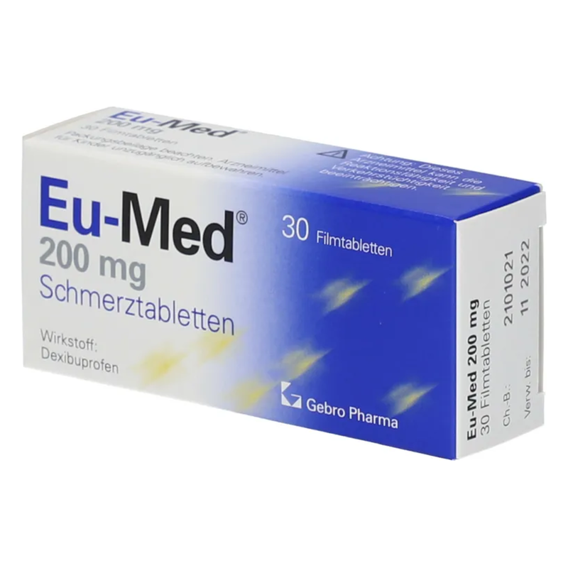 Packung mit Eu-Med Schmerztabletten, 200 mg, enthält 30 Filmtabletten, Wirkstoff: Dexibuprofen.